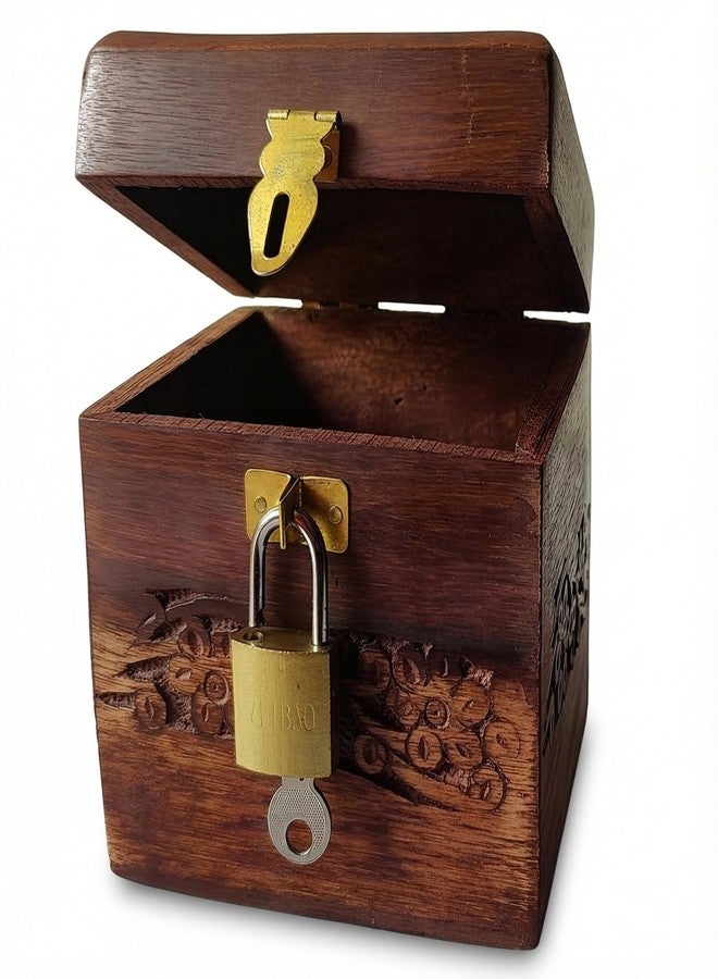 GURU JEE Handcrafted Wooden Money Bank Box Floral Carved Design Piggy Bank Brass Latch with Lock and Key Gifts Showpiece - Image 4